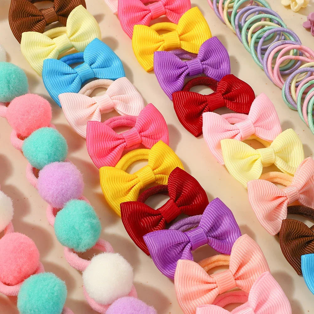120PCS Hair Accessories Set For Girls Colorful Bowknot Hair Band Children Ponytail Holder Hair Ties Kids Elastic Rubber Bands.