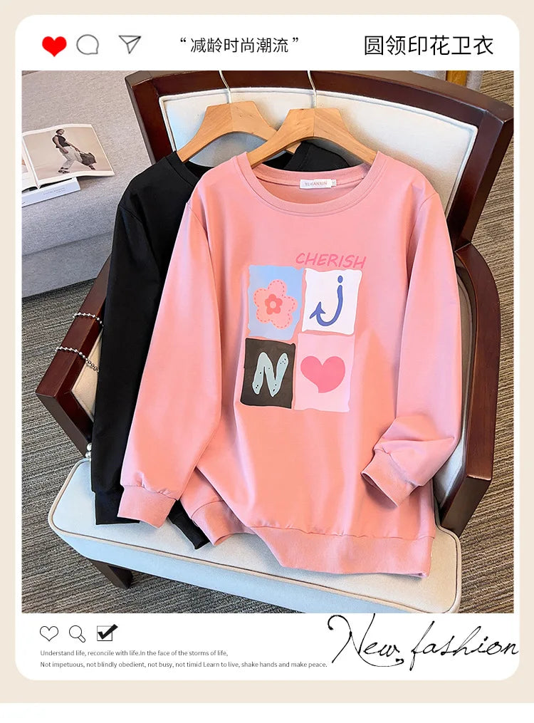 175kg plus size Damen büste Frühling Herbst lose Langarm bedrucktes Sweatshirt Top schwarz rosa 6xl 7xl 8xl 9xl 10xl 11xl