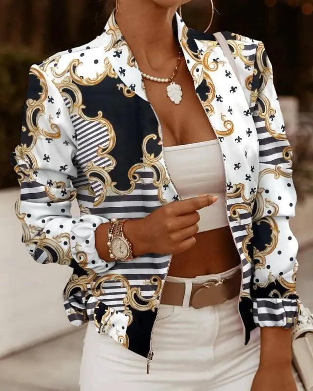 Mode Frauen Jacken Dünne Kurze Mäntel Herbst Vintage Print Lange Sleeve Zipper Dünne Jacke 2024 Casual Oberbekleidung Weibliche Jacke