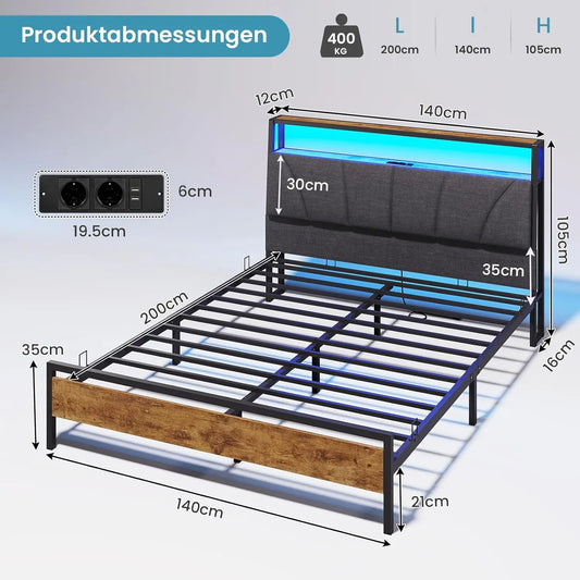 Metallbettgestell 140 x 200 cm mit LED-Beleuchtung, Kopfteil und Ladestation, integriertes Metallbett 140 x 200 mit Gitterbraten