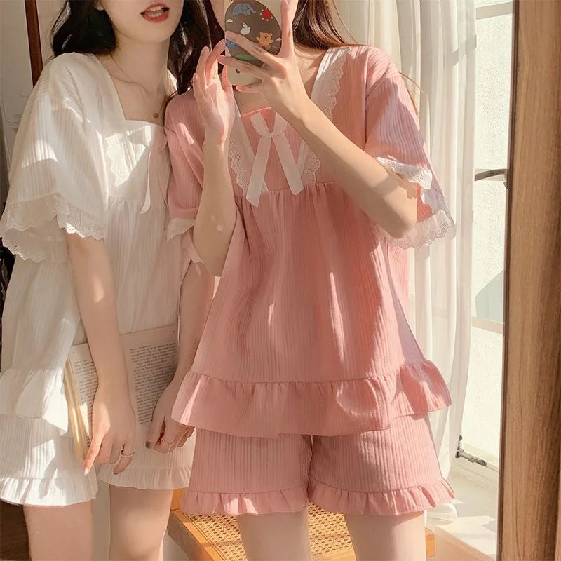 Palast Stil Pyjama Damen Sommer Lounge wear Set kurz ärmelig mit Kissen koreanische kleine süße Freundinnen Lounge wear Set
