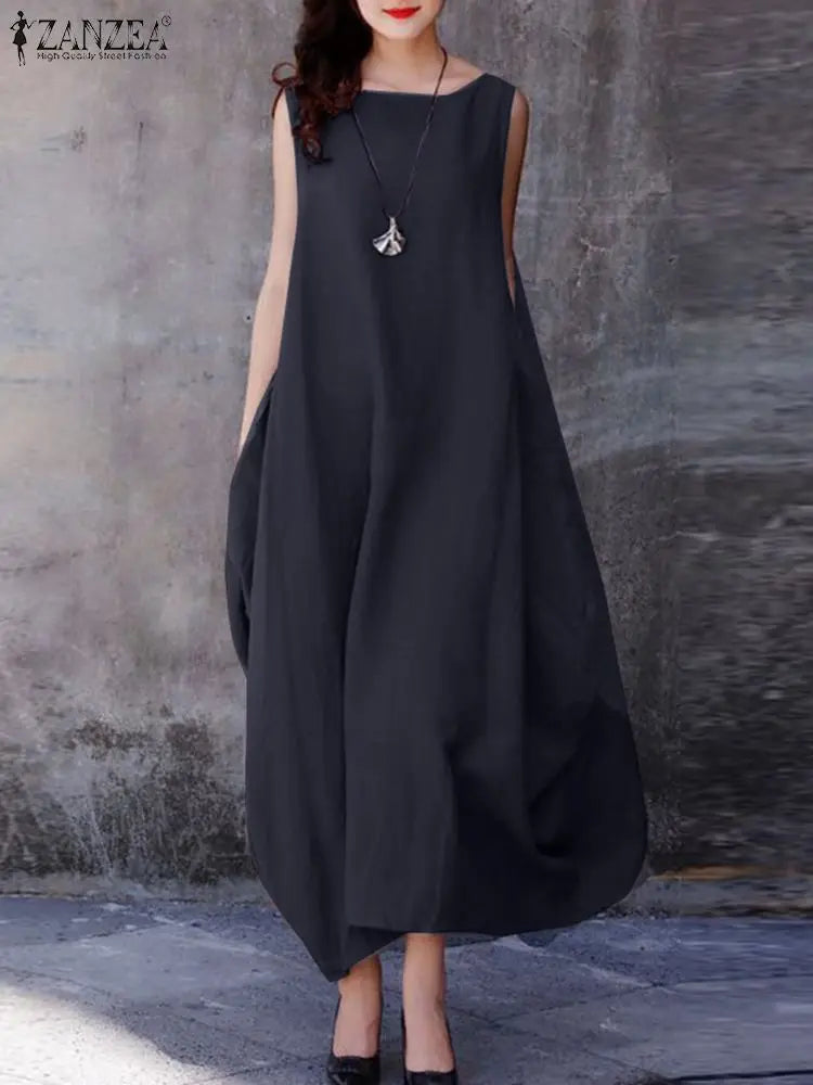 ZANZEA Sommer Mode Urlaub Kleid Robe Femme Frauen Elegante Ärmellose Maxi Vestidos 2024 Casual Lose Sommerkleid Oversize Kaftan