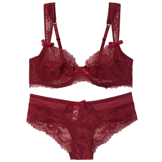 MOYISU French Romantic Ultra-thin Lace Sexy Transparent Gathering Big Breasts Show Small Underwire Bra Cover Underwear Set Women.