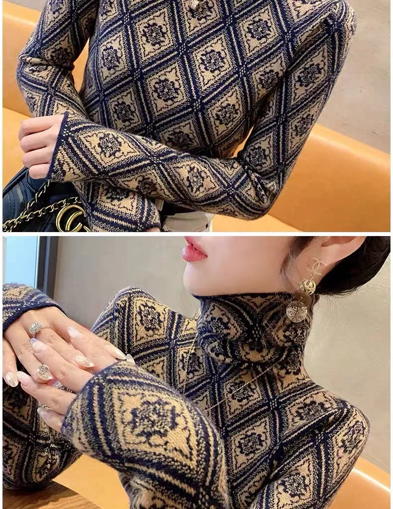 Frauen Kleidung Mode Rollkragen Argyle Stricken Pullover Herbst Winter Elegante Chic Schlanke Langarm Pullover Büro Dame Y2K Top