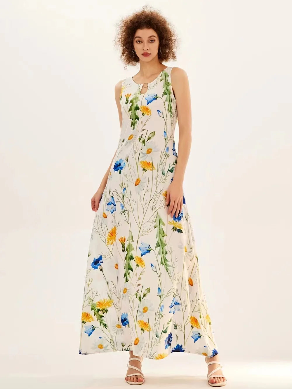 Blumendruck Neues lässiges ärmelloses langes Kleid Damen V-Ausschnitt bedrucktes Kleid Swing Bohemian Retro Kleider