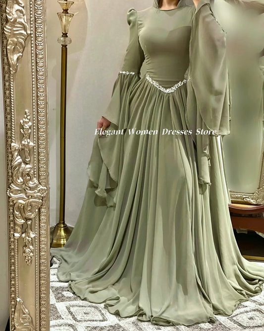 Abendkleider für muslimische Frauen, langärmelig, Sommer-Chiffon-Partykleider, A-Linie, Salbeigrün, Abendkleid فسات Cosa •М •М.