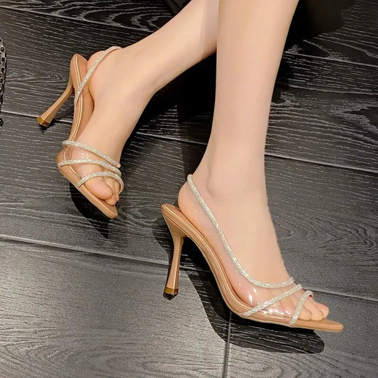 Women Summer Rhinestone Slingback Pumps Office Lady Transparent Heeled Sandals Elegant Pointed Toe Female Sexy High Heels.