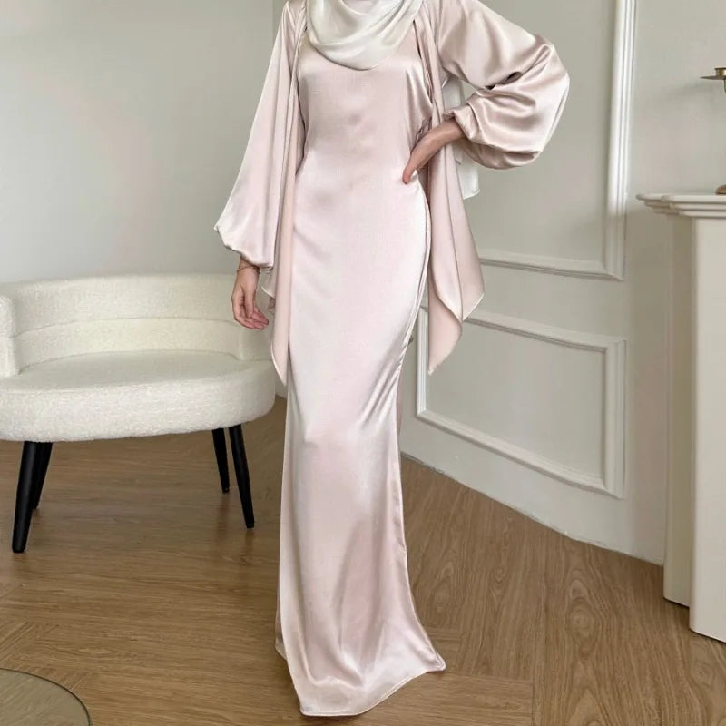 2-teiliges Saudi-Arabien muslimisches Damen-Abaya-Kleid aus Satin für Damen, Islam, Dubai, Urlaub, bescheidene Kleidung, 2024, elegante türkische Robe