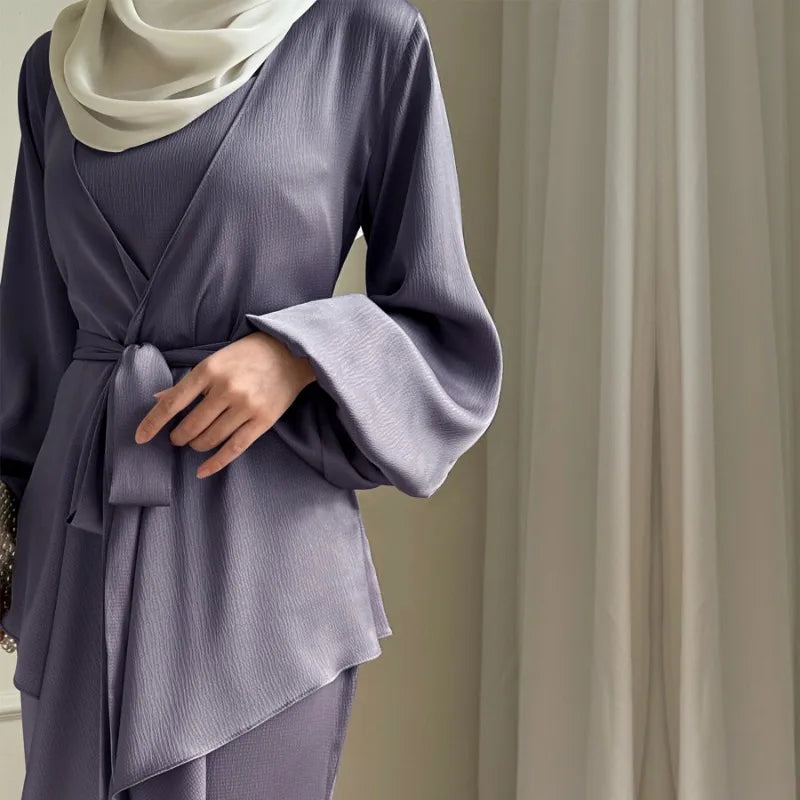 2-teiliges Saudi-Arabien muslimisches Damen-Abaya-Kleid aus Satin für Damen, Islam, Dubai, Urlaub, bescheidene Kleidung, 2024, elegante türkische Robe