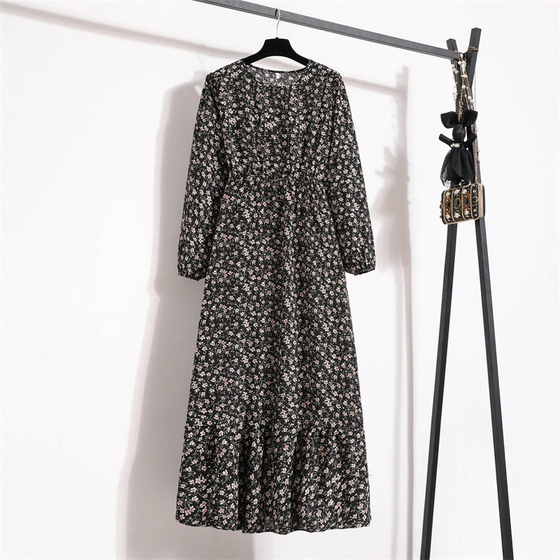 Frühling Sommer Frauen Maxi Kleider Casual Volle Hülse Floral Gedruckt Oansatz Frau Bohe Strand Party Lange Kleid Mujer Vestidos