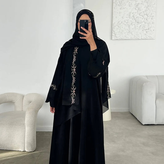 Front Open Abaya with Hijab 2 Piece Set Muslim Embroidery Abayas for Women Dubai Modest Islamic Clothing Kaftan Turkish Dresses.