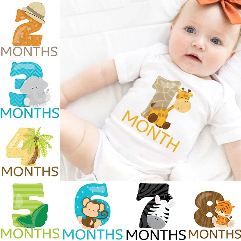 Monatlicher Meilenstein-Baby-Body, niedliches Tier, 1–12 Monate, Einteiler, Babyparty, Geschenk, Monatsbilder, monatliche Overall-Kleidung
