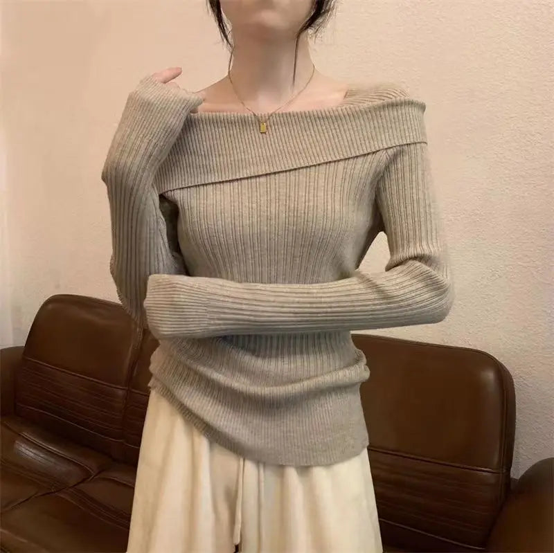 Solide Sexy Schlank Off Schulter Slash Neck Langarm Stricken Pullover Frauen Jumper Büro Mode Neue
