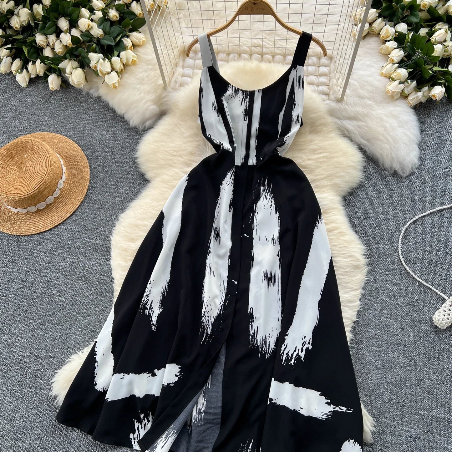 Neue Sommer Druck Süße Kleid Träger O Neck Backless Split Elegante Damen Urlaub Strand Party Midi Sommerkleid