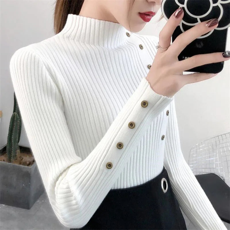 2023 frauen Herbst Gestrickte Dünne Pullover Solide Strickte Weibliche Baumwolle Weiche Elastische Farbe Pullover Taste Volle Hülse Rollkragen