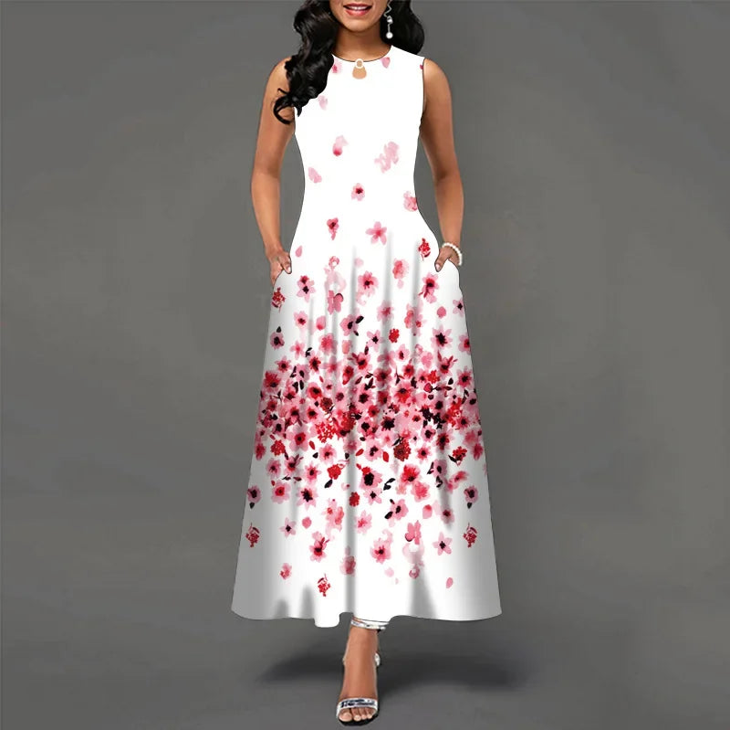 Blumendruck Neues lässiges ärmelloses langes Kleid Damen V-Ausschnitt bedrucktes Kleid Swing Bohemian Retro Kleider
