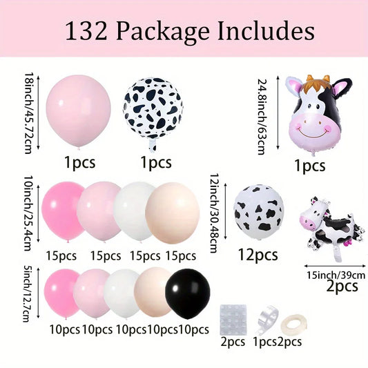 132PCS Kuh Ballon Kranz Bogen Kit für Geburtstag Party Dekoration, Rosa Kuh Bauernhof Thema Indoor Outdoor Dekoration,.