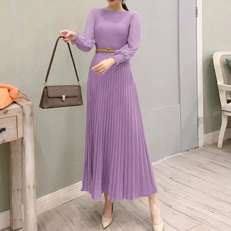 ZANZEA Elegantes Damen-Plisseekleid, edel, gesmokte Bündchen, langärmelig, O-Ausschnitt, Fit und Flare, lang, Vestidos, Pendeln, solide Party-Roben
