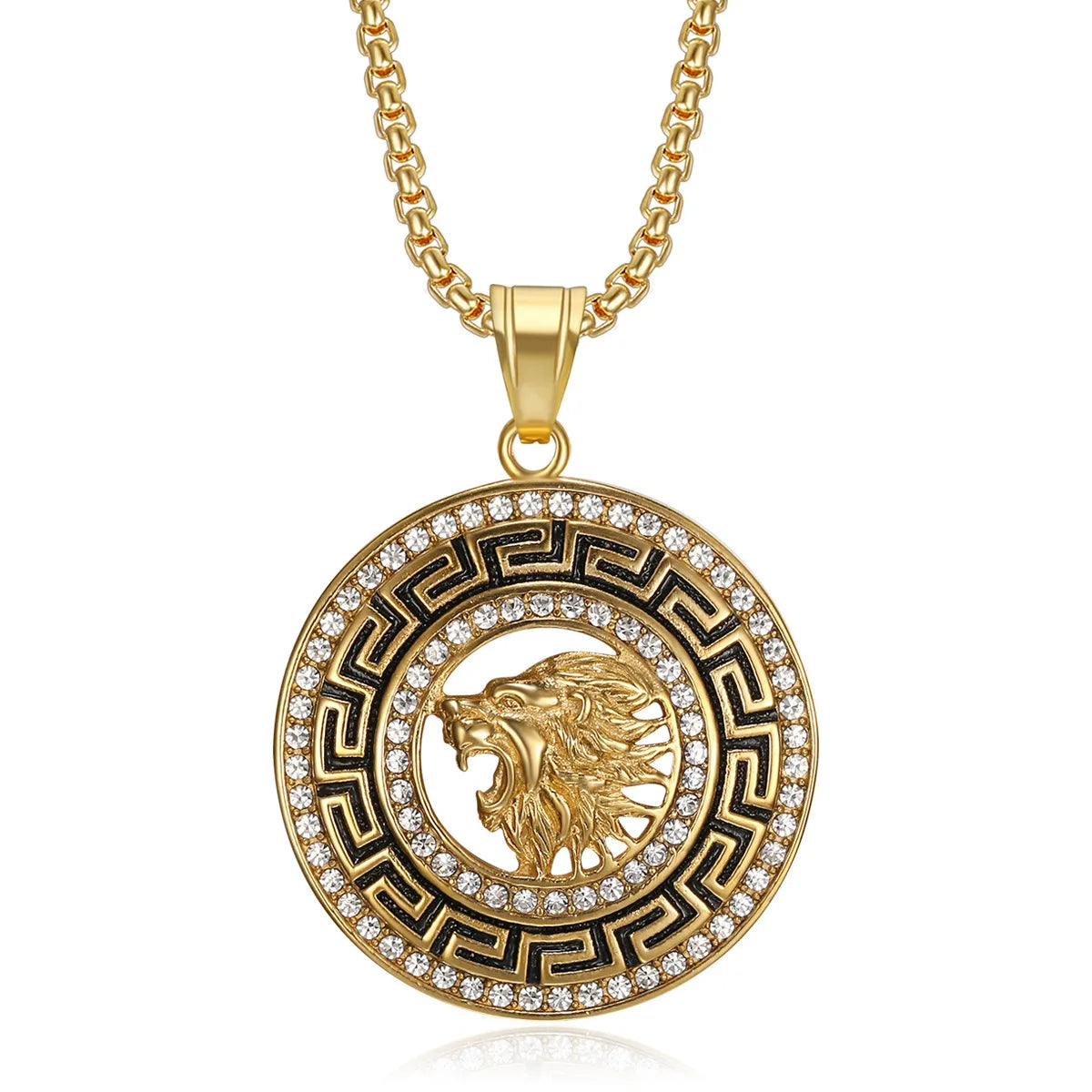Hip Hop Lion Stainless Steel Gold Plated Zircon Lion Pendant Necklace Men's Pendant Gift Jewelry Stylish Round Accessories.