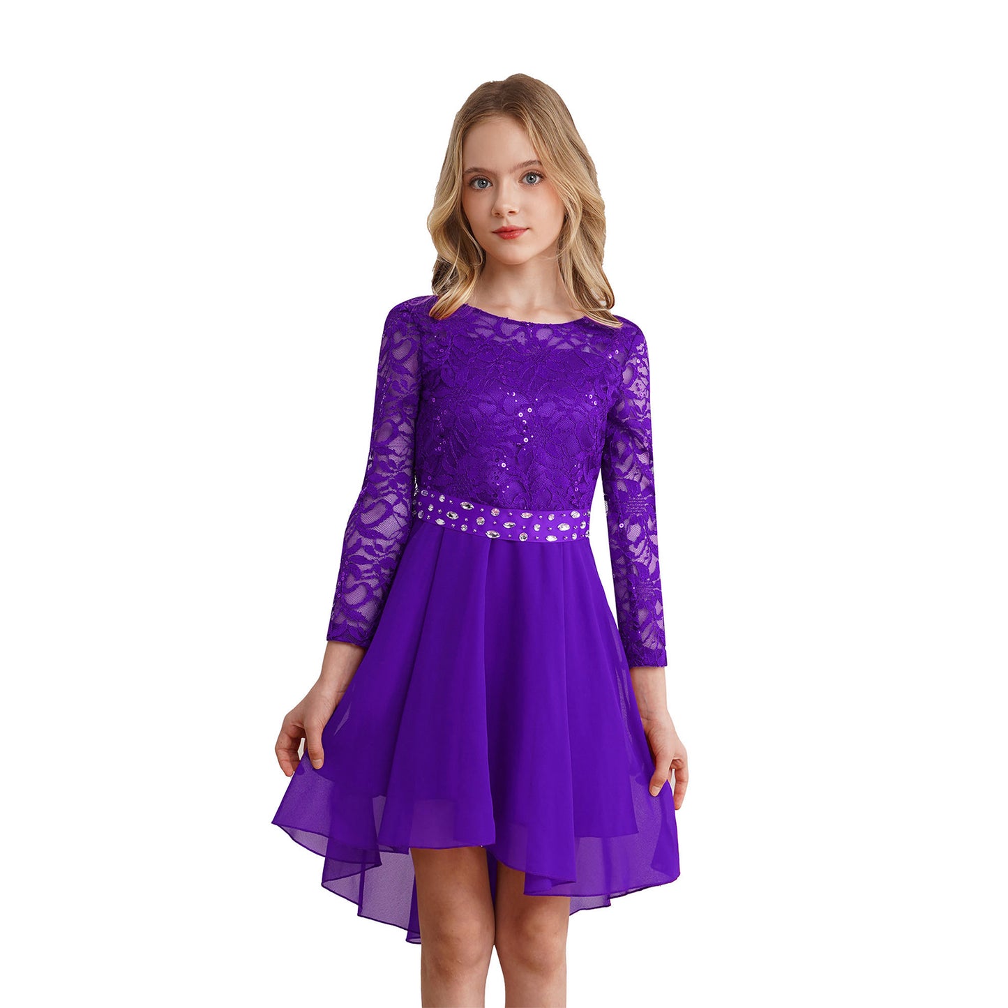Elegantes Spitzen-Partykleid für Kinder, Mädchen, Chiffon, Spleißen, langärmelig, Kleid mit hohem und niedrigem Saum und Strass-Schärpe für Hochzeit, Geburtstag