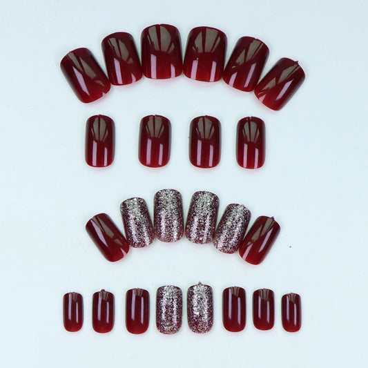 24PCS- wine red square fake nails, silver glitter inlay, exquisite elegance, fashion generous, suitable for dating, dinner.