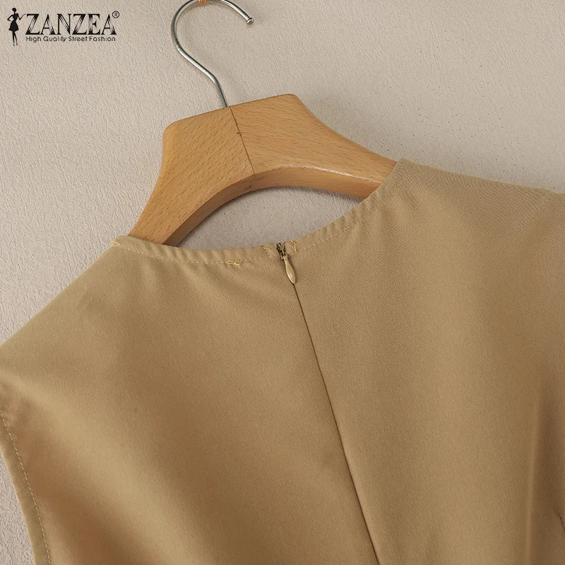 ZANZEA Elegante Frauen Plissee Midi Kleider Ausgestattet Taille Ärmel Solide Party Vestidos 2025, Sommer O Neck Pendeln Roben Femme