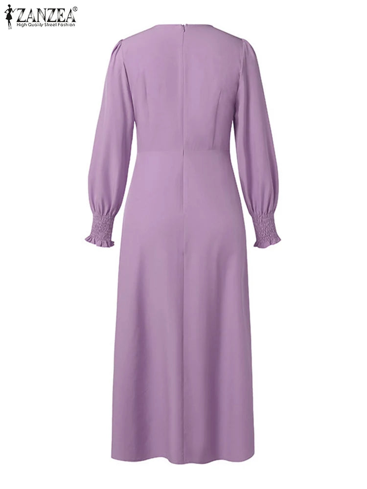 ZANZEA Elegantes Damen-Plisseekleid, edel, gesmokte Bündchen, langärmelig, O-Ausschnitt, Fit und Flare, lang, Vestidos, Pendeln, solide Party-Roben