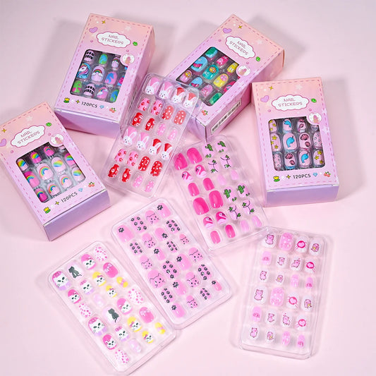 120pcs/box Pink Cartoon Children Press On Nails Candy Color Unicorn Cat Bunny Kids Full Cover False Nail Girls Party Nail Decora.