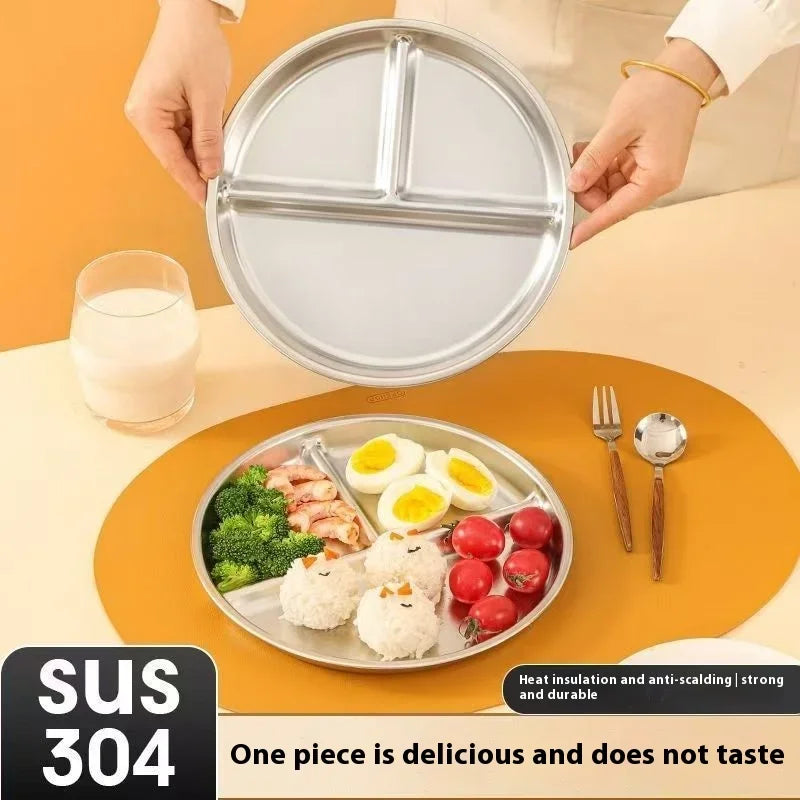 23CM Creative Round Stainless Steel 3 Grid Durable Dinner Plate Serving Tray For Kids Student Quantitative Proportion Meal Plate.