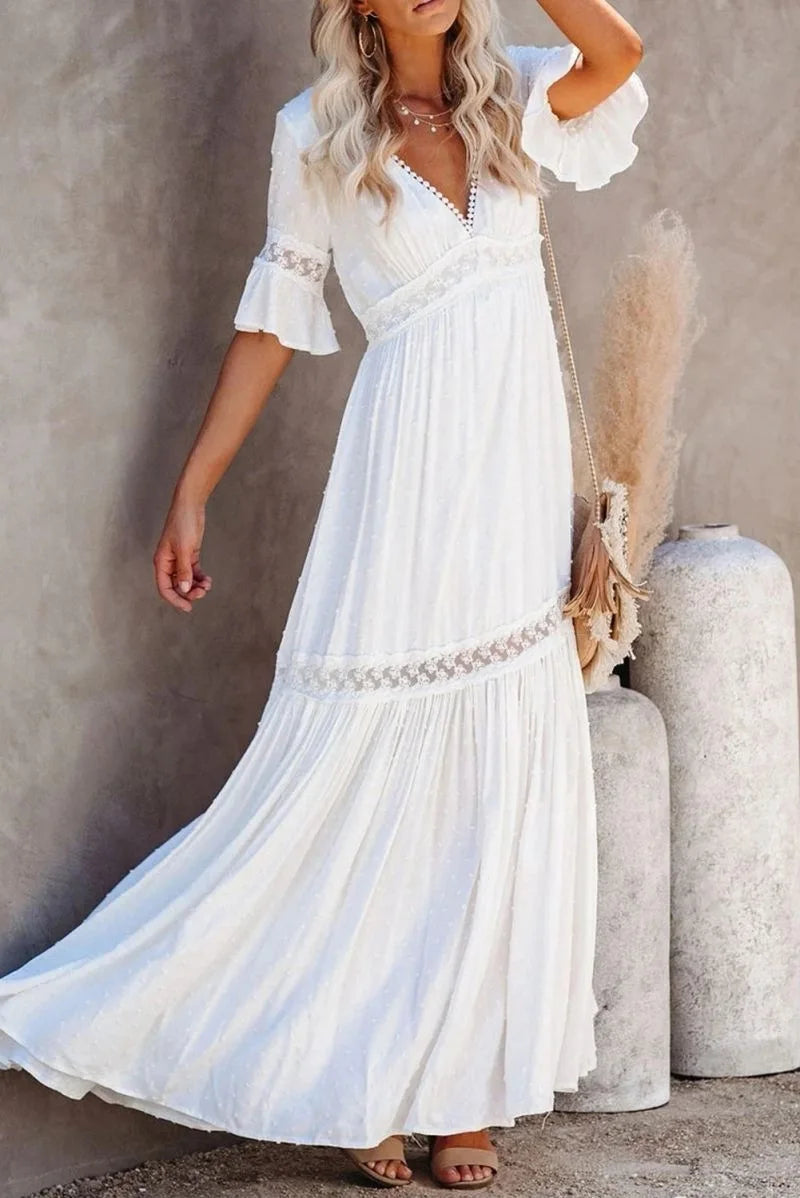 Süßes A-Linien-Abschlussballkleid mit V-Ausschnitt, Spitze, halbe Ärmel, Rüschen, knöchellang, lässiges formelles Abendkleid 2025, kostenlos individuell gestaltet