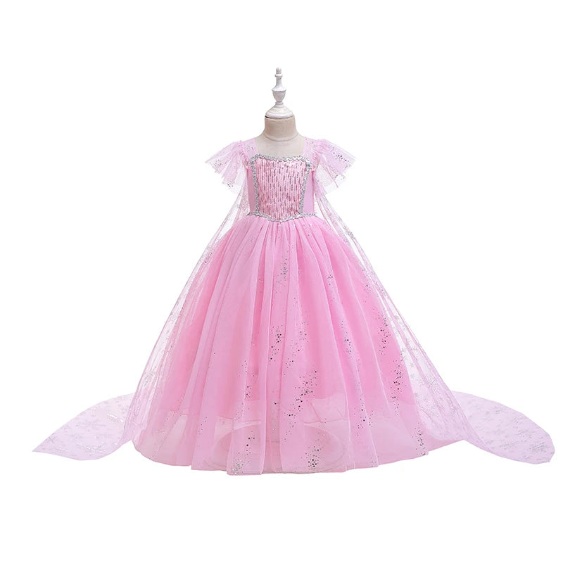 Mädchen rosa Pailletten Mesh Prinzessin Kleid, Mesh kurze Ärmel, mit Umhang, geeignet für Party, Tanz, Performance, Karnevals kleid