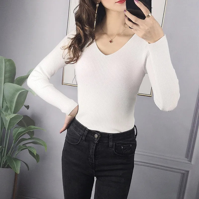 2026 herbst Winter Frauen Solide Rippen Stricken V-ausschnitt Streifen Pull Pullover Femme Y2k Langarm Pullover Jersey Tops Mode Kleidung