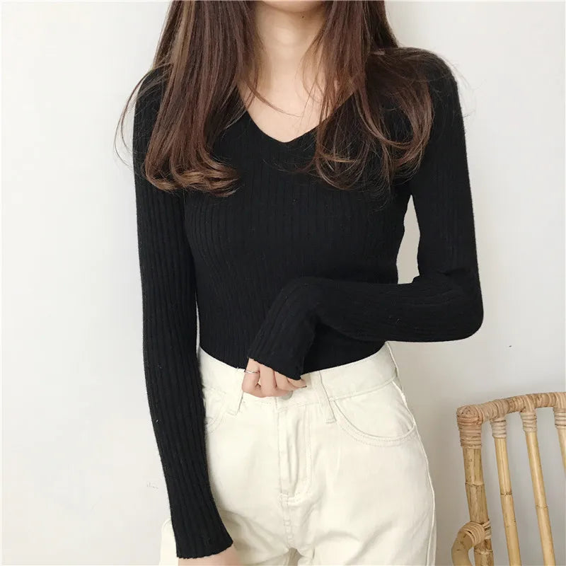 Koreanische Herbst V-ausschnitt Pullover Gestrickte Mode Pullover 2025, Schlank Winter Tops Für Frauen Pullover Jumper Pull Femme Truien Dames