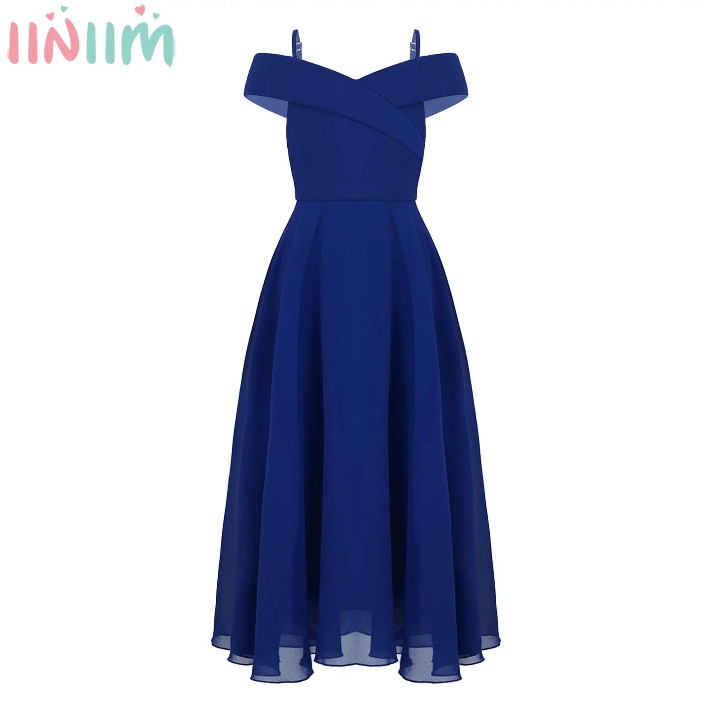 Elegantes Chiffon-Partykleid für Mädchen, schulterfrei, verstellbarer Spaghettiträger, bodenlanges Maxikleid für Hochzeit, Geburtstag, Abend