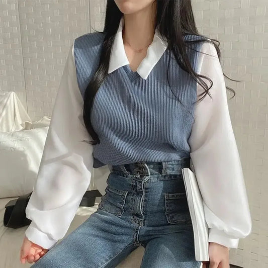 Summer Blouse Women Korean Style False Two-piece Polo Collar Blouses Y2k Tops Streetwear Loose Youth Pullovers Elegant Shirt.
