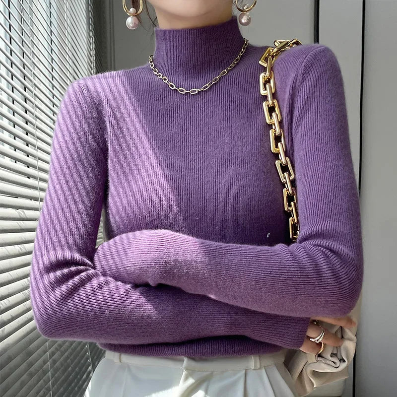 Herbst Winter Frauen Pullover Slim Fit Hohe Strecth Pullover Langarm Inneren Tragen Mock Neck Gestrickte Tops Koreanische Mode Jumper