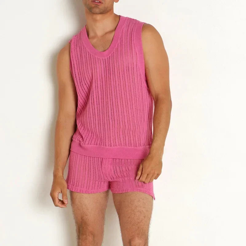 Mens Sets Summer New Wild Solid Color Casual I-shaped Vest Shorts Suit for Men.