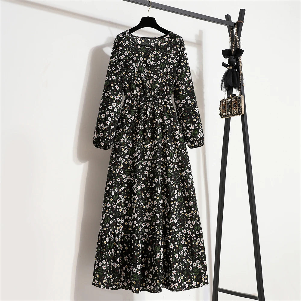 Frühling Sommer Frauen Maxi Kleider Casual Volle Hülse Floral Gedruckt Oansatz Frau Bohe Strand Party Lange Kleid Mujer Vestidos