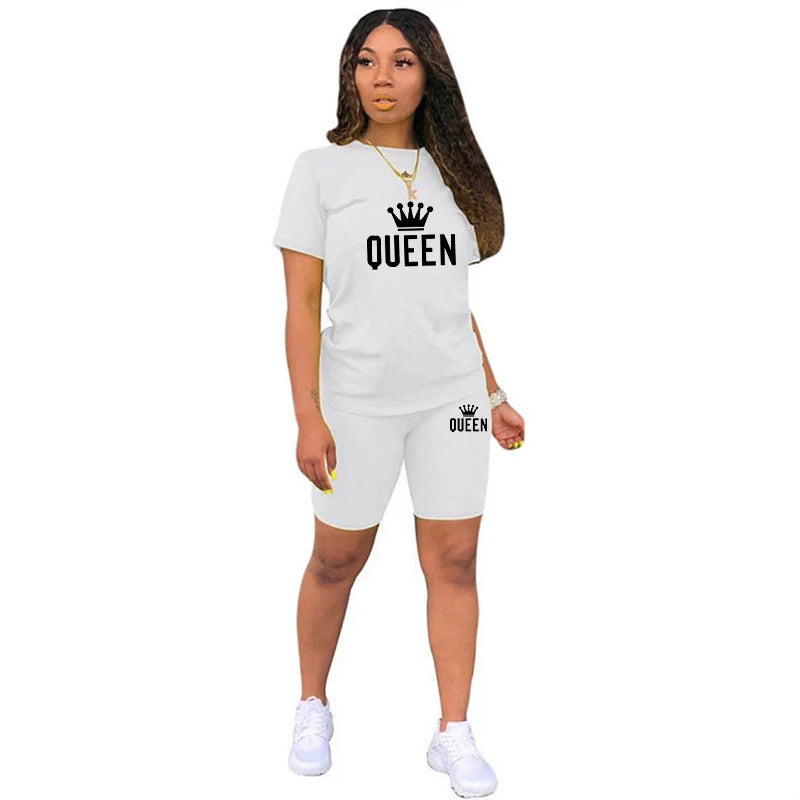 Sommer-Damen-Trainingsanzug, Queen-Druck, T-Shirt + Shorts, 2-teiliges Set, modische lässige Sportbekleidung, Kleidung, luxuriöser kurzer Jogging-Anzug