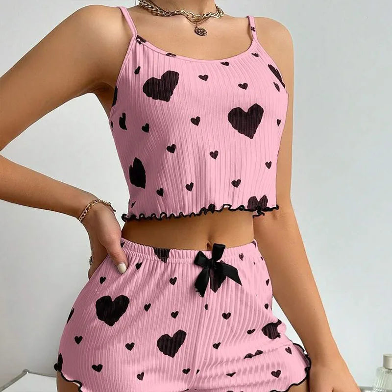 Sexy Herz Druck Pyjama Set Frauen Nachtwäsche Trendy Mode Lounge Tragen Nachtwäsche Zwei Stück Set Homewear Pyjamas