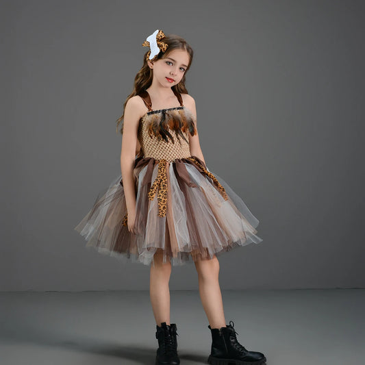 Höhlenmädchen-Kostüm für Kinder, Halloween-Tutu-Kleid, wilder Mann, Baby, Cosplay, Geburtstag, Dschungel, Karneval, Party, Kleider, ausgefallenes Tutus-Outfit.