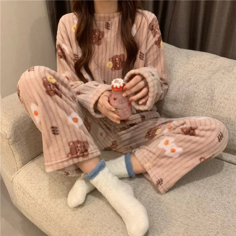 Winter-Damen-Pyjama-Homewear-Anzug, neues warmes Set aus Korallen-Fleece für Herbst und Winter, bequemer warmer Pyjama-Homewear-Anzug