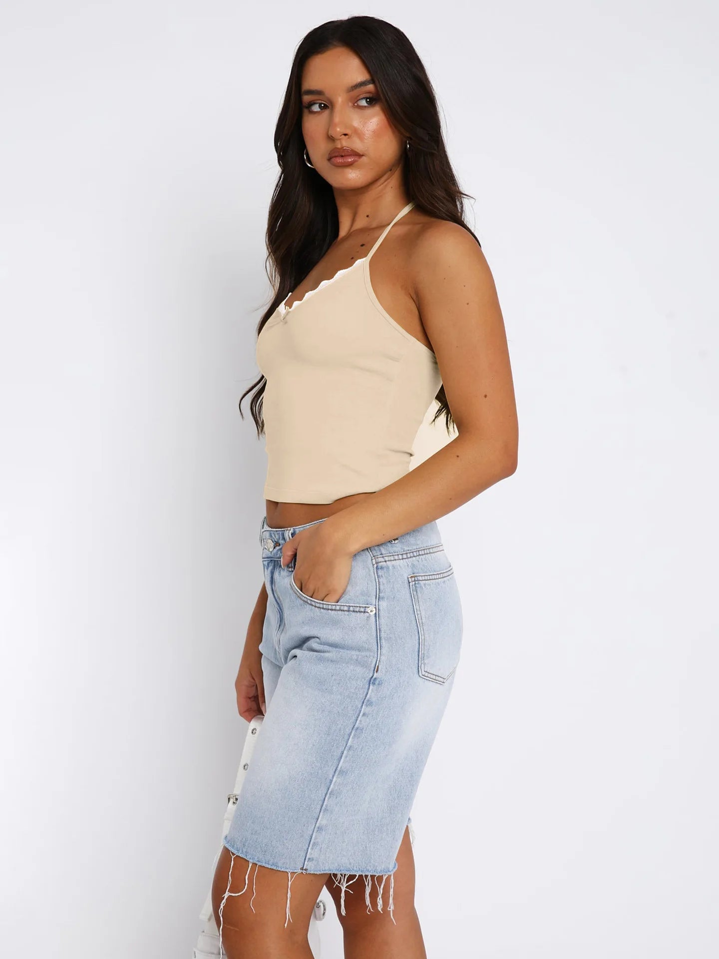 Neue Hals hängende Weste Damen Y2K Sexy Crop Top mit freiliegendem Nabel BM Strapsbasis und ärmelloses Slim Fit Top Tank Top