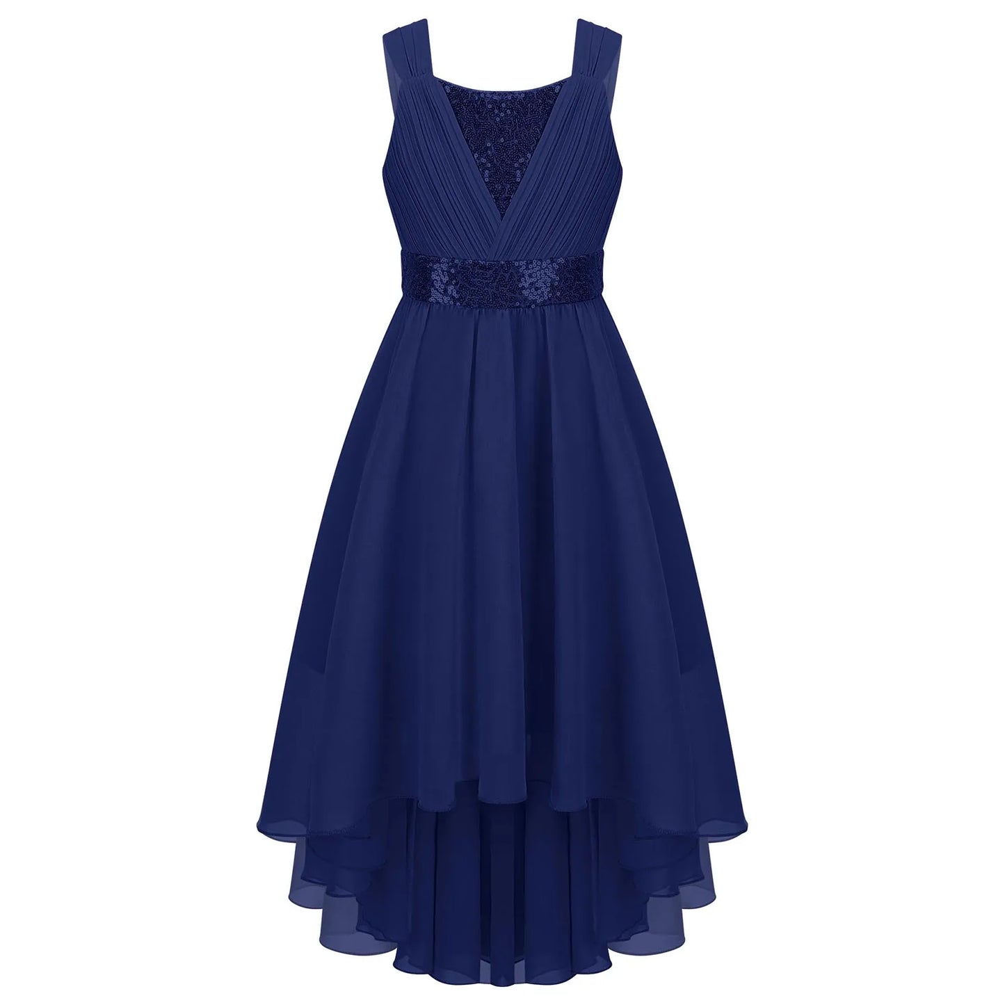 Kinder Blumenmädchenkleid Ärmellos Pailletten Hi-Low-Saum Abendkleid Elegantes Chiffon Prinzessin Geburtstag Formales Hochzeitskleid