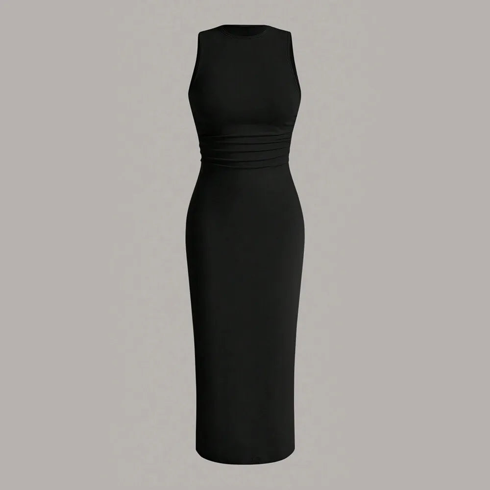 Mia Muse Damenkleider für alle Jahreszeiten, minimalistisch, schlicht, ärmellos, Rundhalsausschnitt, Wickel-MIDI-Partykleider