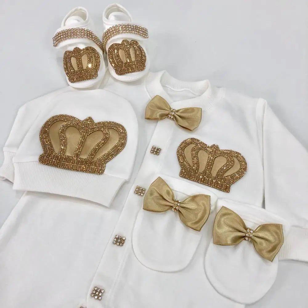 Dollbling Newborn Set Baby's Sets Rhinestone Crown 0-3 Months Hat+Bodysuits+Gloves+Shoes 4 Parts Boy Girl Jumpsuit Clothing