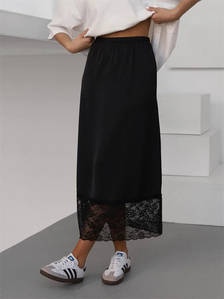 Tossy White Casual Lace Long Skirt For Women Slim High Waist Patchwork Elegant Commute Clothes Summer 2025 Female Maxi Skirt New