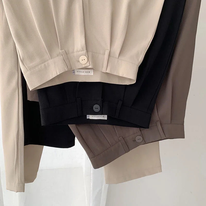Hohe Taille Frauen Anzug Hosen fallen gerade Büro Damen koreanische Mode Hosen lässig Knopf lose weibliche schwarze Hosen neue 2024