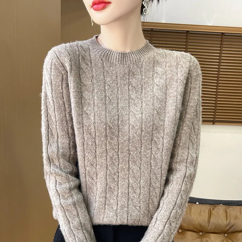 Frauen 100% Merino Wolle Verdickung Pullover Oansatz Gestrickte Twisted Pullover Herbst Winter Kaschmir Langarm Kleidung Basis Tops