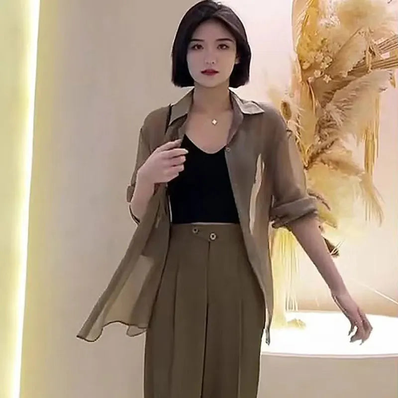 Sheer Chiffon Shirt Women's Casual UV Resistant Cardigan Summer Thin Commuting Coat Japanese Fashion Mesh Sunscreen Clothing Y2k